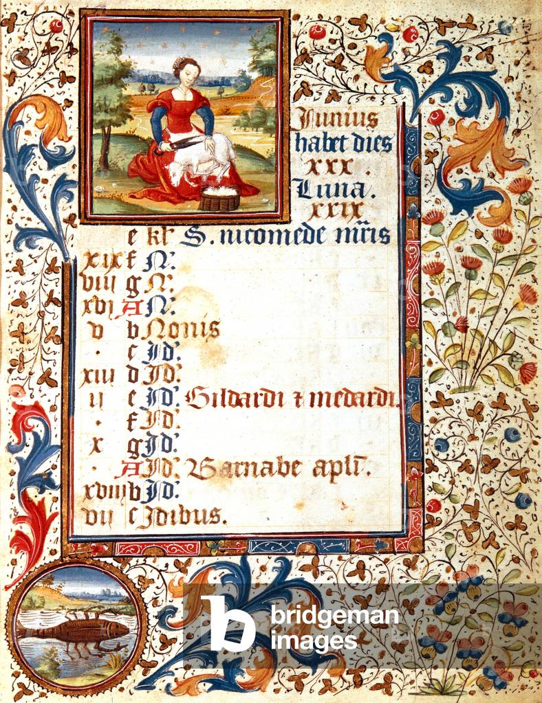 Months and zodiac : july, Cancer, sheep shearing, from French Book of Hours early 15th century