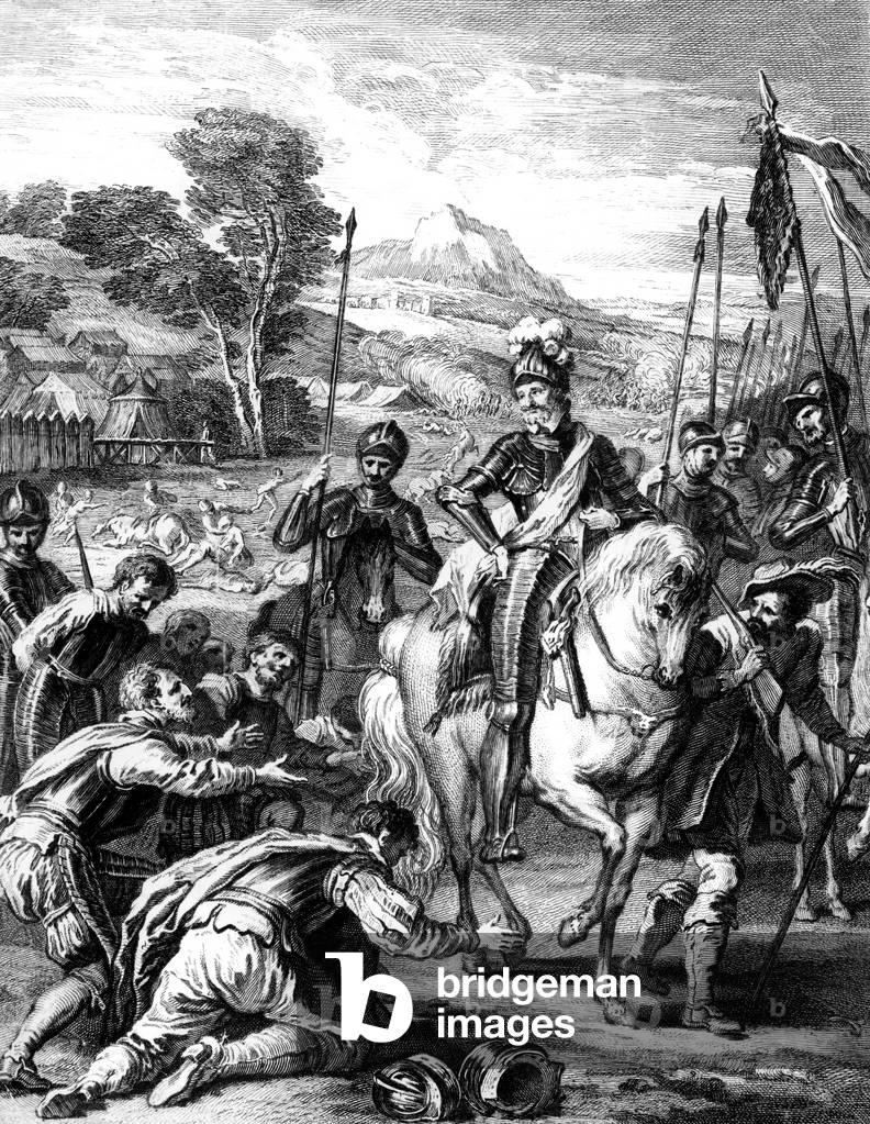 Henri de Navarre (future French king Henri IV) forgiving to defeated (royal army) after battle of Coutras on october 20, 1587, engraving by L.Desplaces after F. le Moine