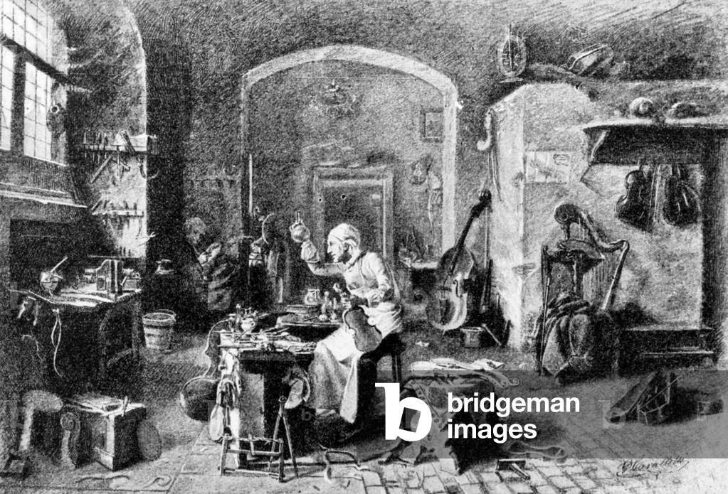 Antonio Stradivari (1644-1737) violin maker, here in his workshop, c. 1730, engraving after Cavallotti