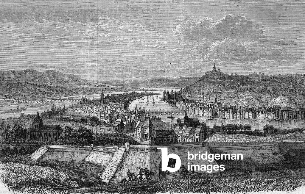 Lyons at the edge of Saone and Rhone rivers in France at the 16th century, engraving