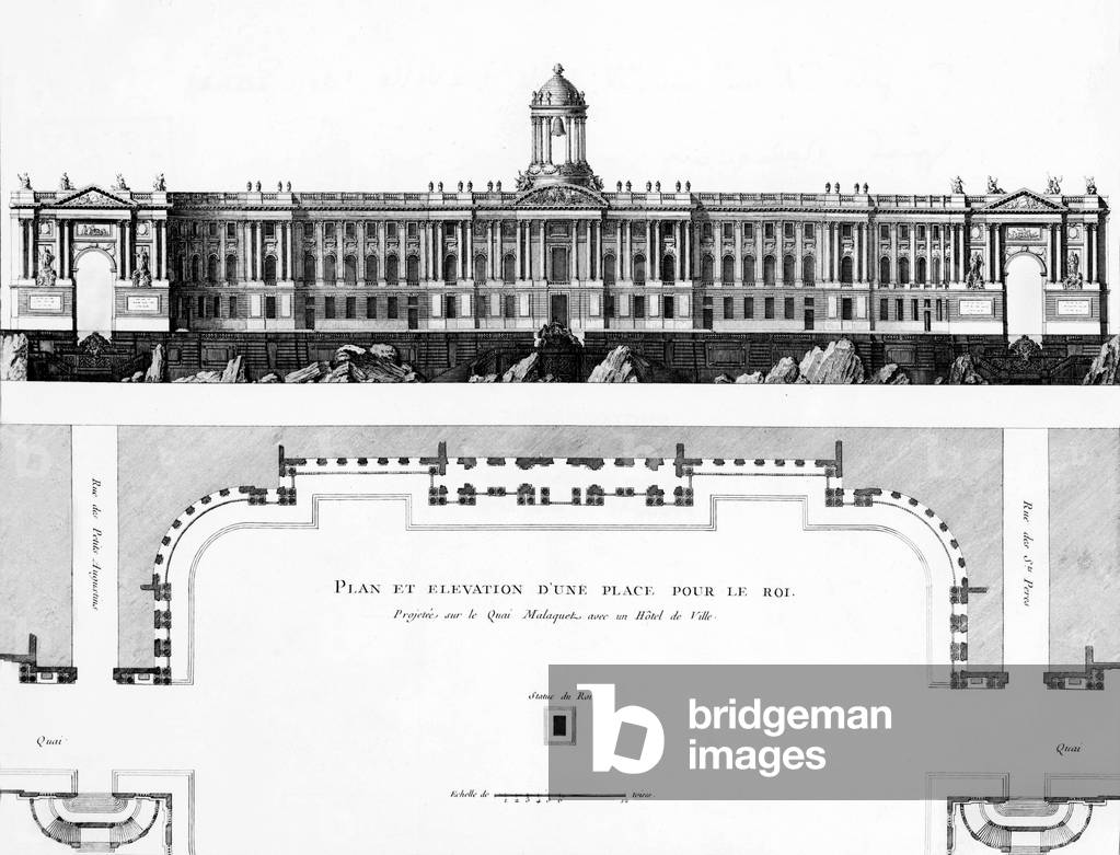 project of square and town hall on Malaquet bank along the Seine river in Paris, map by architect Patte 18th century