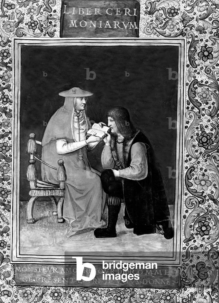 Agostino Patrizi Piccolomini (1435-1495) the papal master of ceremoniesgiving his book to cardinal georges of Amboise, illumination