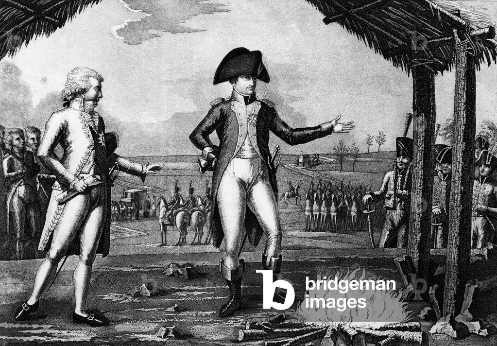 Meeting between French emperor Napoleon 1st and german emperor Francois II on december 4, 1805 after Austerlitz, engraving by Verzy
