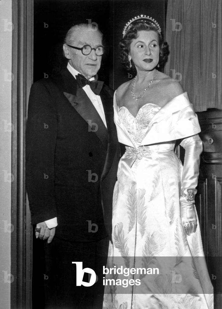 The playwright Sacha Guitry and Lana Marconi at a gala for film Royal affairs in Versailles at the opera december 15, 1953