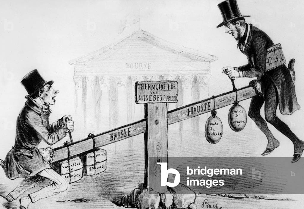 Cartoon about stock exchange and speculators, France, 19th century, engraving