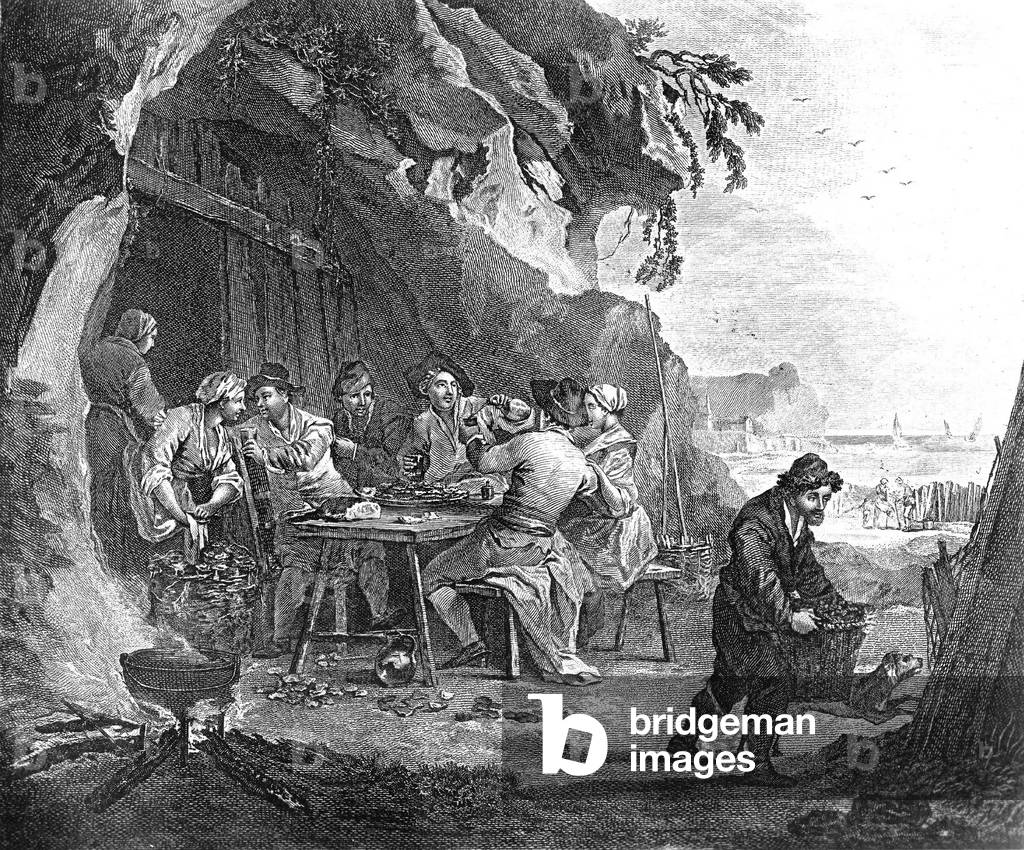oyster eaters in a tavern in 18th century, France, engraving