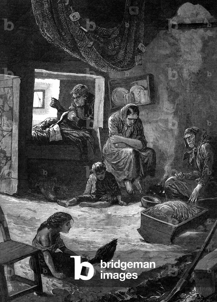 irish fishermen family in 1880, engraving