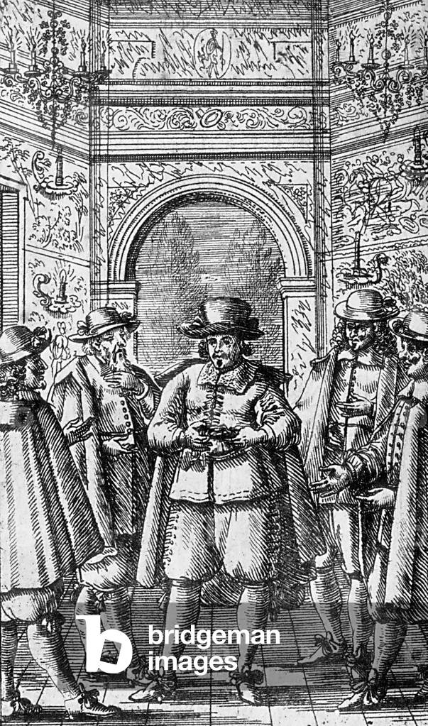 Play Love Doctor by Moliere : Sganarelle with 4 doctors, engraving, 17th century