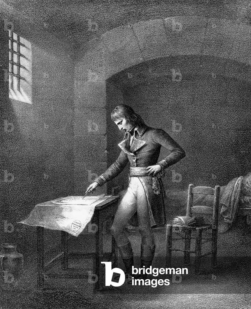 French general Napoleon Bonaparte put in jail by the Thermidorians in july 1794 at the time of French revolution, engraving