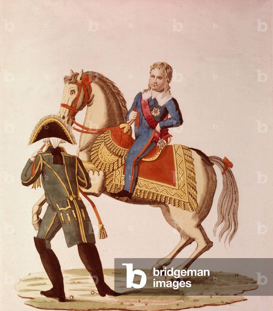 Napoleon II (1811-1832), king of Rome, son of emperor Napoleon 1st and empress Marie Louise, duke of Reichstadt in 1818, here in 1813 during his 1st horse lesson in Paris, engraving