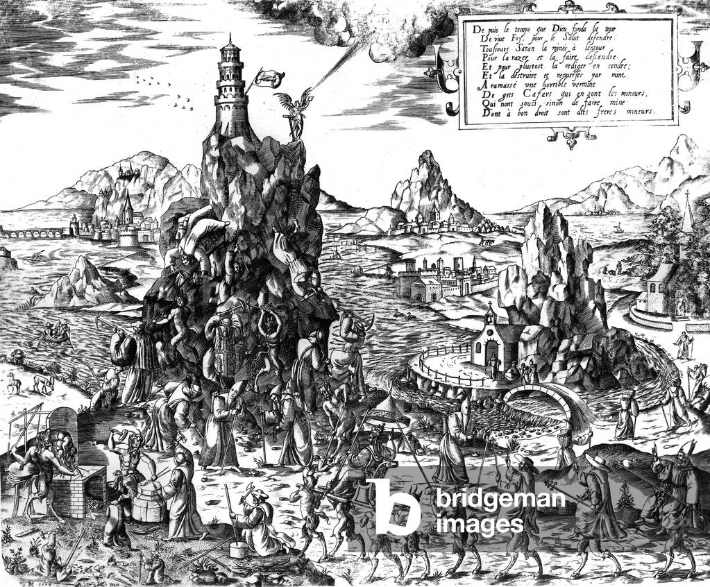 Protestant allegory about the assault of the Tower Vive Foy by the fiendsin 1590 at the time of the wars of religion between the catholics and the protestants in France, engraving