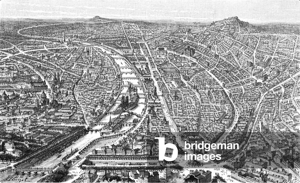 aerial View of Paris and the river Seine from La Bastille in 1898, engraving