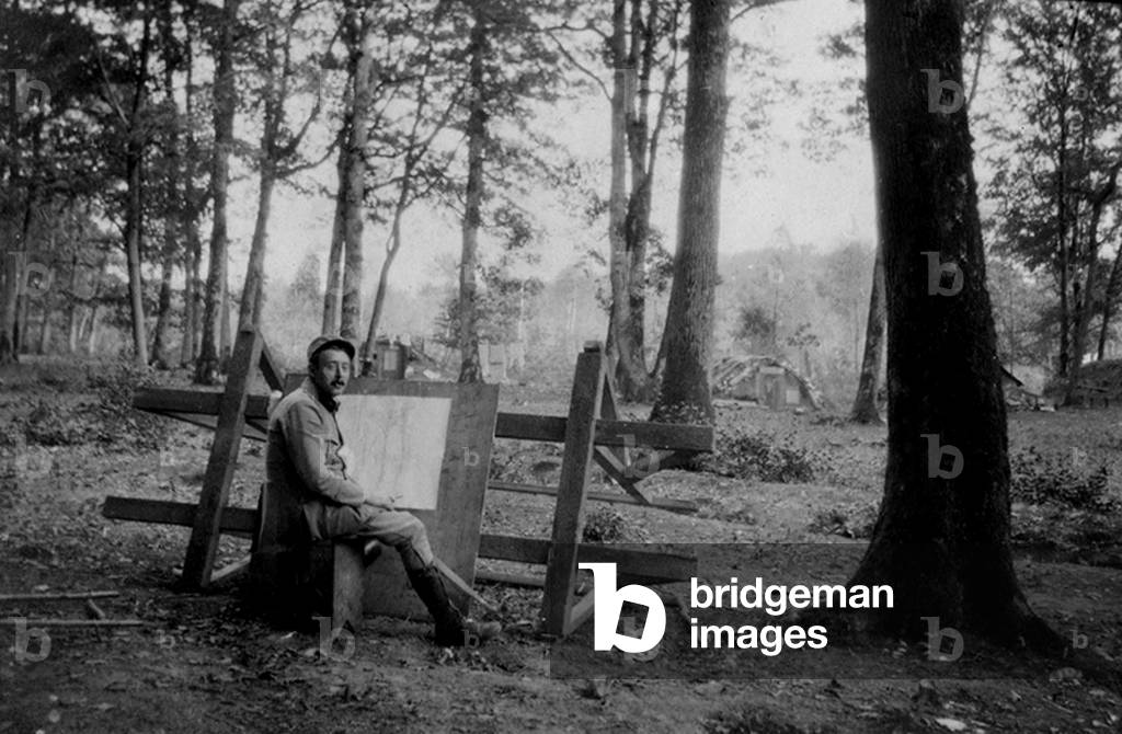 A French soldier sketches the landscapes of the Front of the Somme in France in 1916
