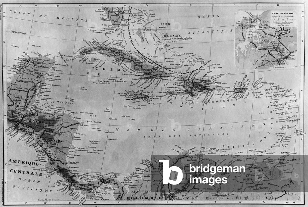 Map of the Caribbean Sea with the island of Cuba, Jamaica, Haiti, Central America (detail of the Panama Canal) and North South America, beginning of the 20th century