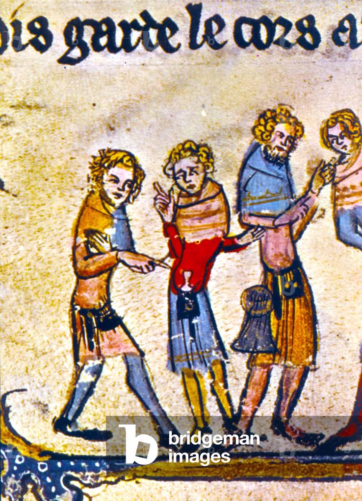puppet show in the 14th century, detail from manuscript Novel of King Alexander 14th century, preserved in the library Bodleian of the university of Oxford