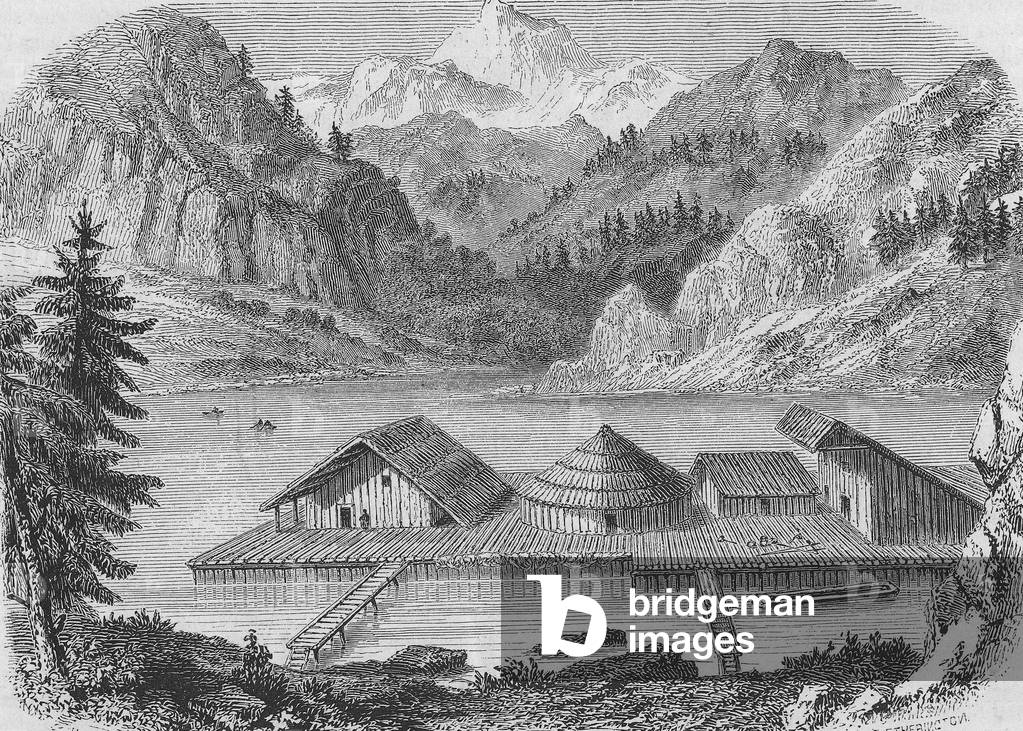 Gaul village built on stilts near Meilen, Zurich lake, switzerland : recreation after discover in 1854, engraving after a drawing by Freeman