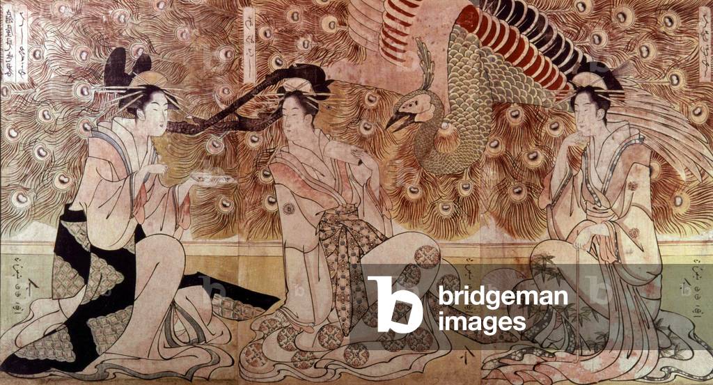 courtesan Hashidate, Ayakoshe and Hanahito of Ogiya house in the room called Kyjaku noma (peacock room), japanses print by Chokosai Eisho (active 1790-1799)