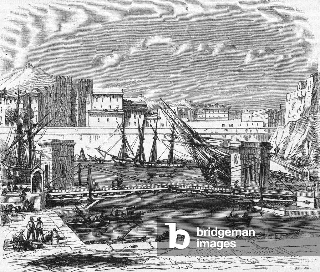View of the abbey Saint Victor and the careening pool in the harbour of Marseille, France, engraving 19th century