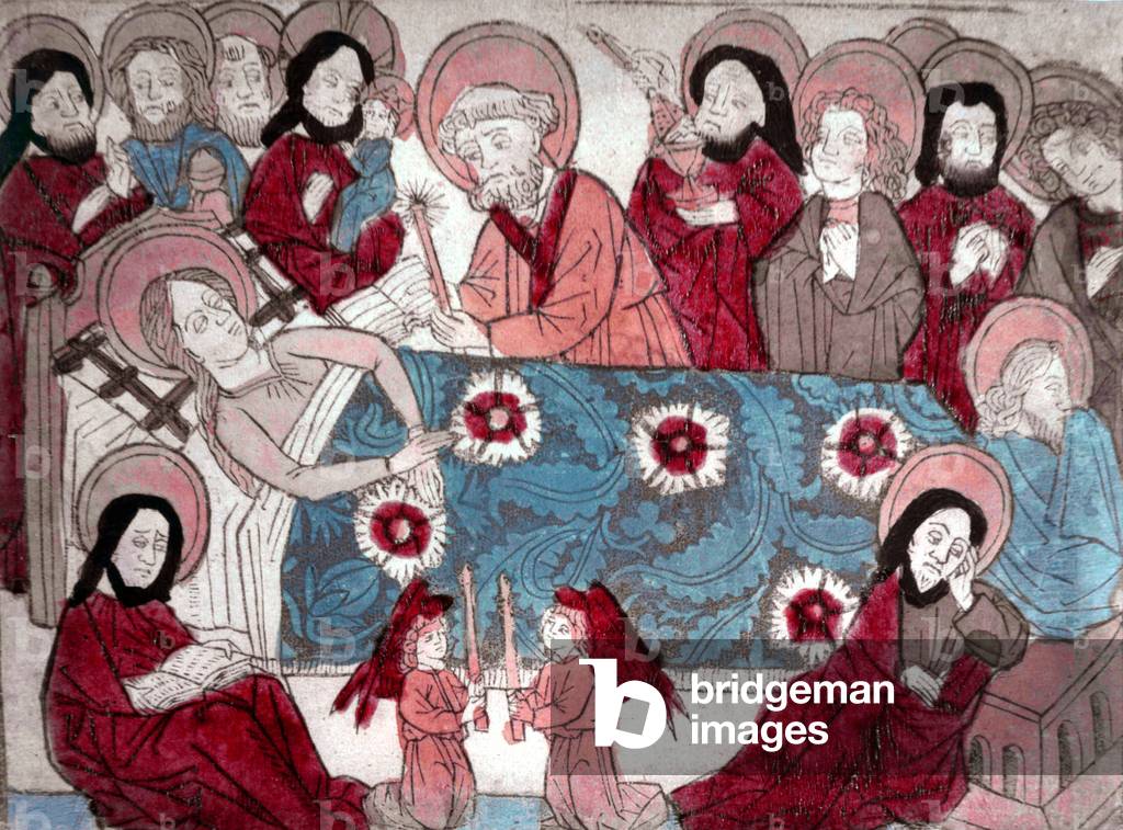 Death of Virgin Mary (Dormition) surrounded by apostles, wood engraving, 16th century