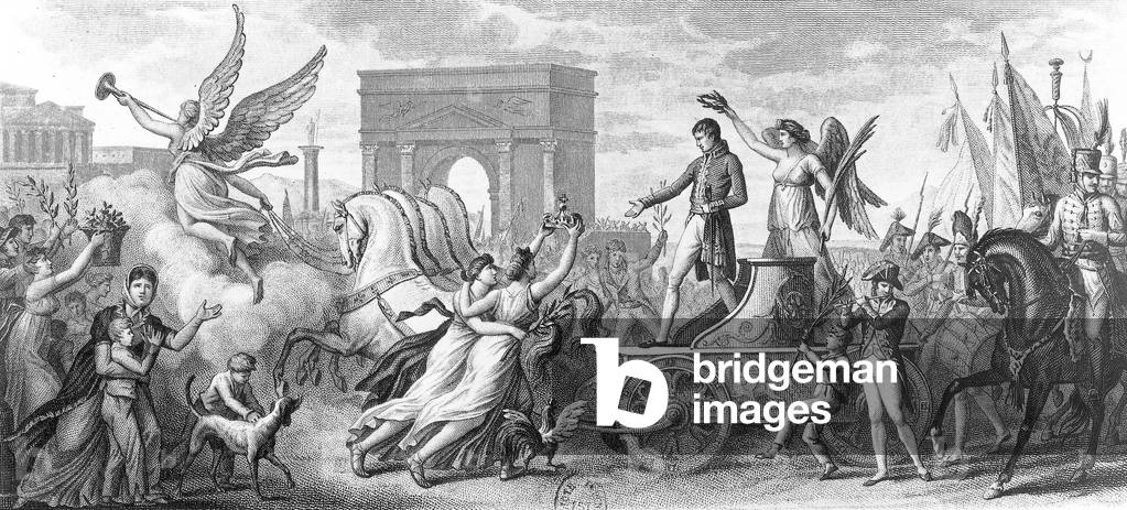 Allegory : after being proclaimed emperor on may 18, 1804, Napoleon Bonaparte, on a chariot, is cheered by French people, the imperial crown is given to him, engraving