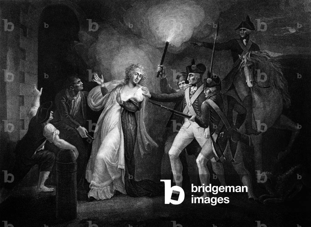On august 1st, 1793, French queen Marie Antoinette is transfered from temple jail to Conciergerie in Paris, english engraving