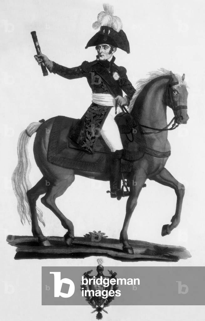 Guillaume Marie-Anne Brune (1763-1815) empire marshal in 1804, here on horse, engraving