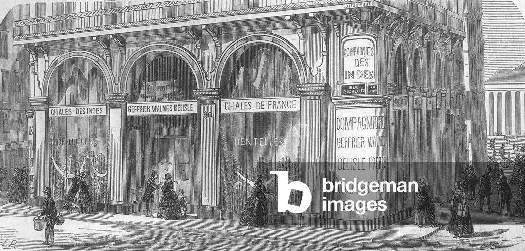 Front of department store India Company in Paris in c. 1860, engraving