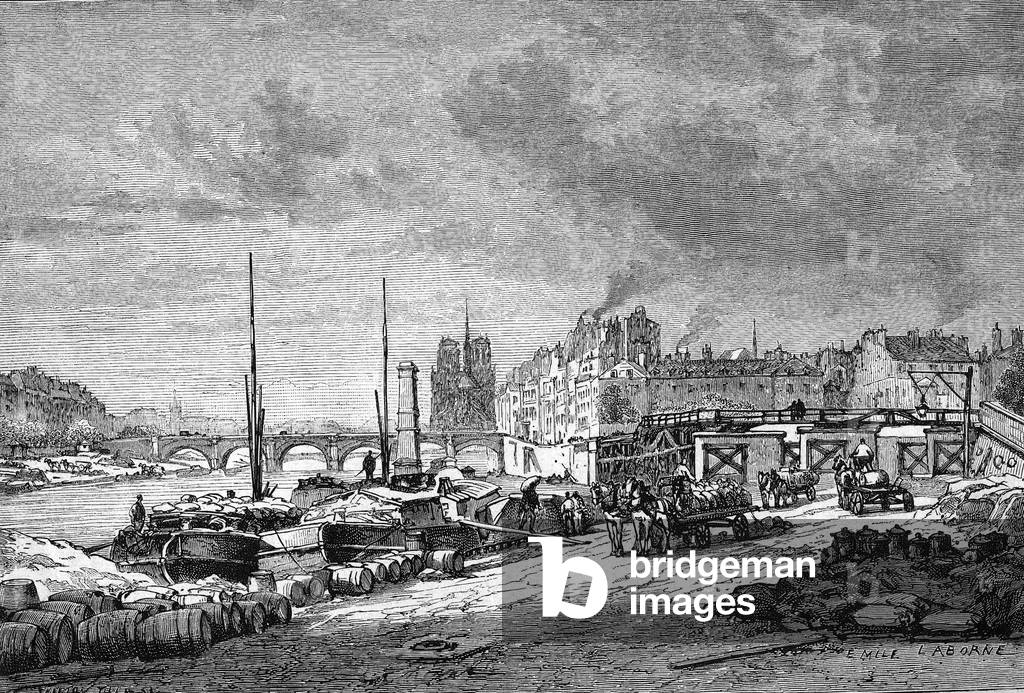 Banks of the river Seine in Paris View of the dock Henri-IV before the building of the bridge Saint Germain (in the 1870's) in Paris, engraving 19th century