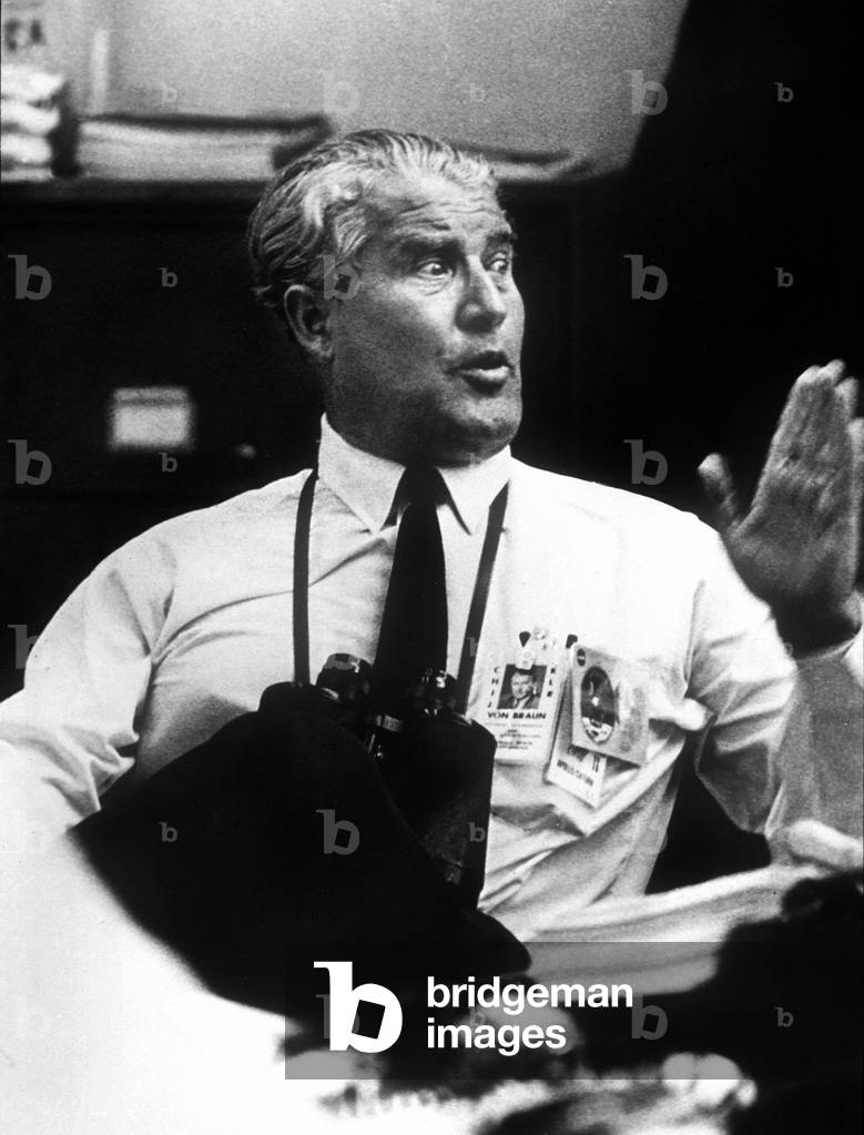 Wernher von Braun director of Marshall Space Flight Center after launching of Apollo XI (with Neil Armstrong, Buzz Aldrin, Michael Collins), july 16, 1969