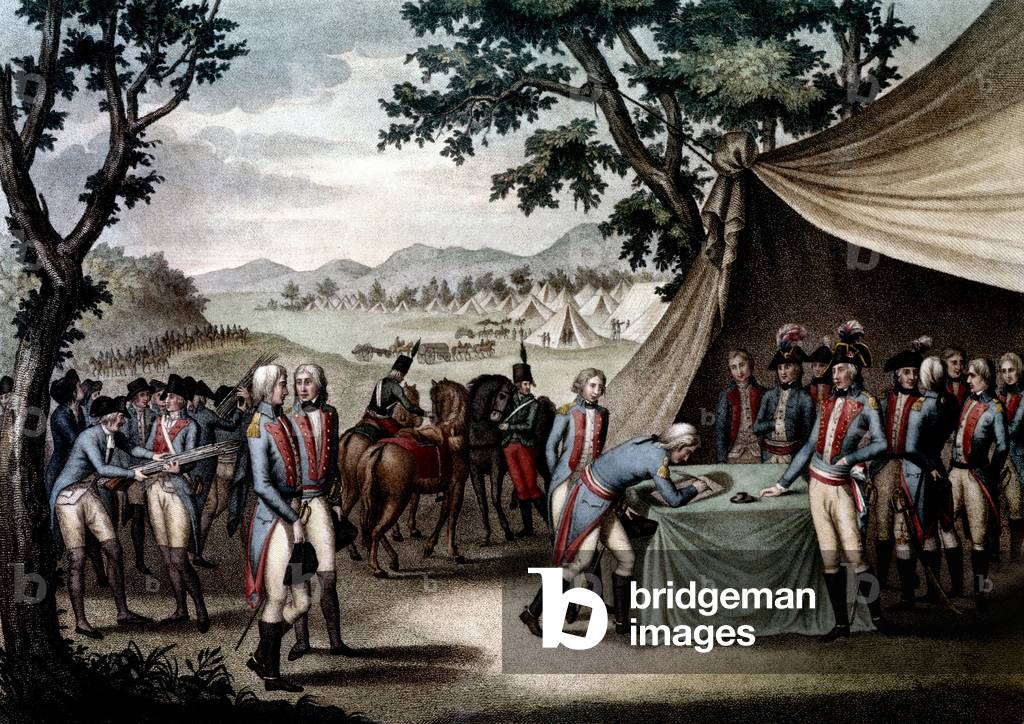 Signature of peace treaty of La Jaunaye (between Vendeens and republicans), France, on february 17, 1795, engraving