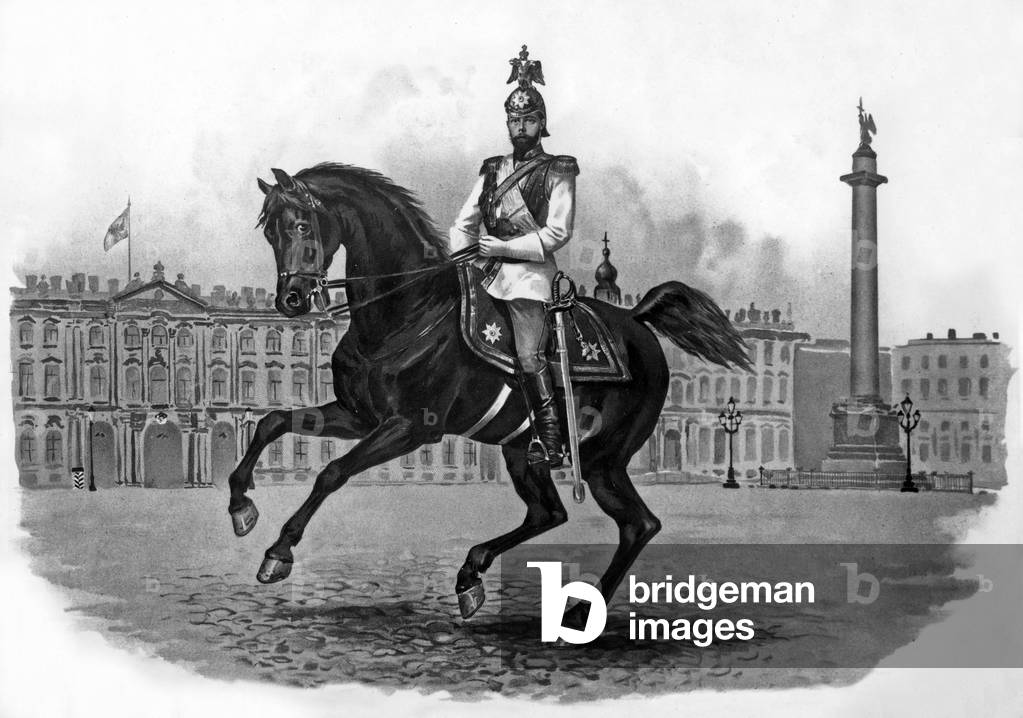 Nicholas II (1868-1918) czar of Russia in 1894-1917, on horse, engraving