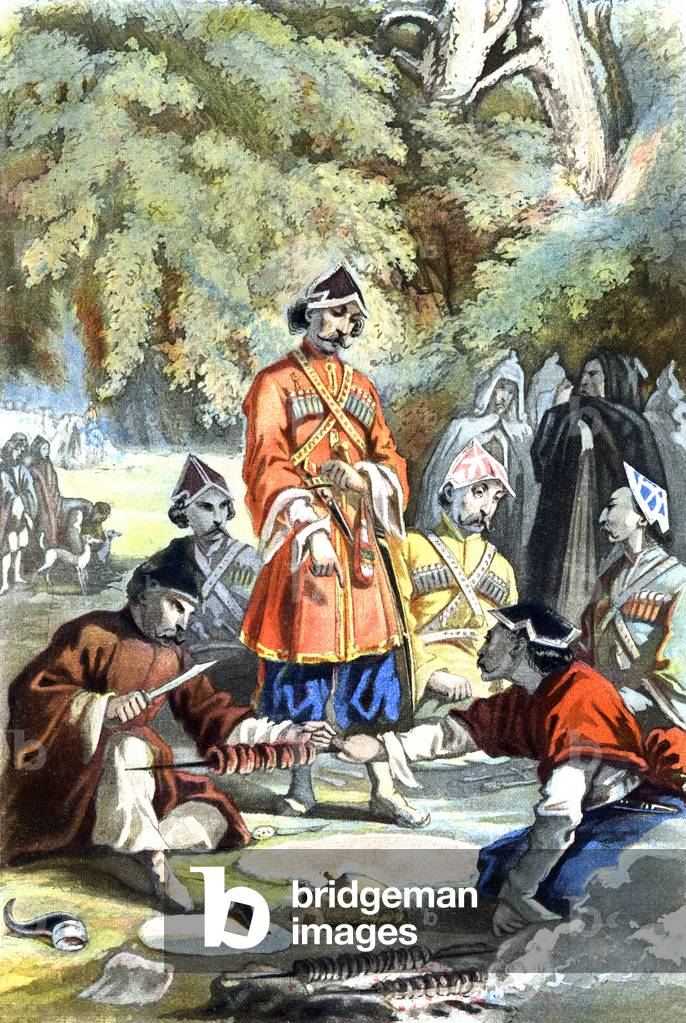 A chinese Lord is stopping for the meal to eat fish skewers, western watercolor, 18th century