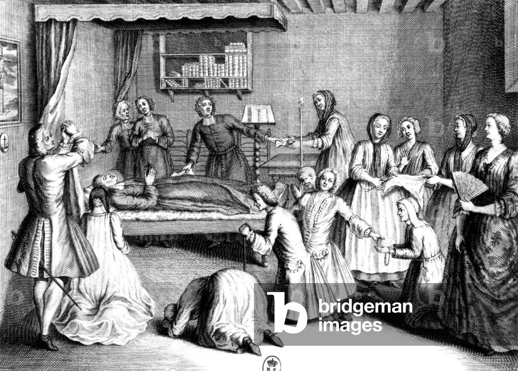 Francois de Paris (1690-1727) fanatic Jansenist deacon, here on his deathbed on may 1st, 1727, engraving