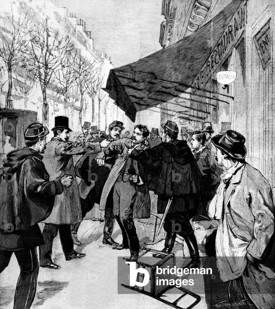 Arrest of French terrorist Claudius Koenigstein aka Ravachol (1859-1892) on march 30, 1892 at Very restaurant in Paris, illustration from 