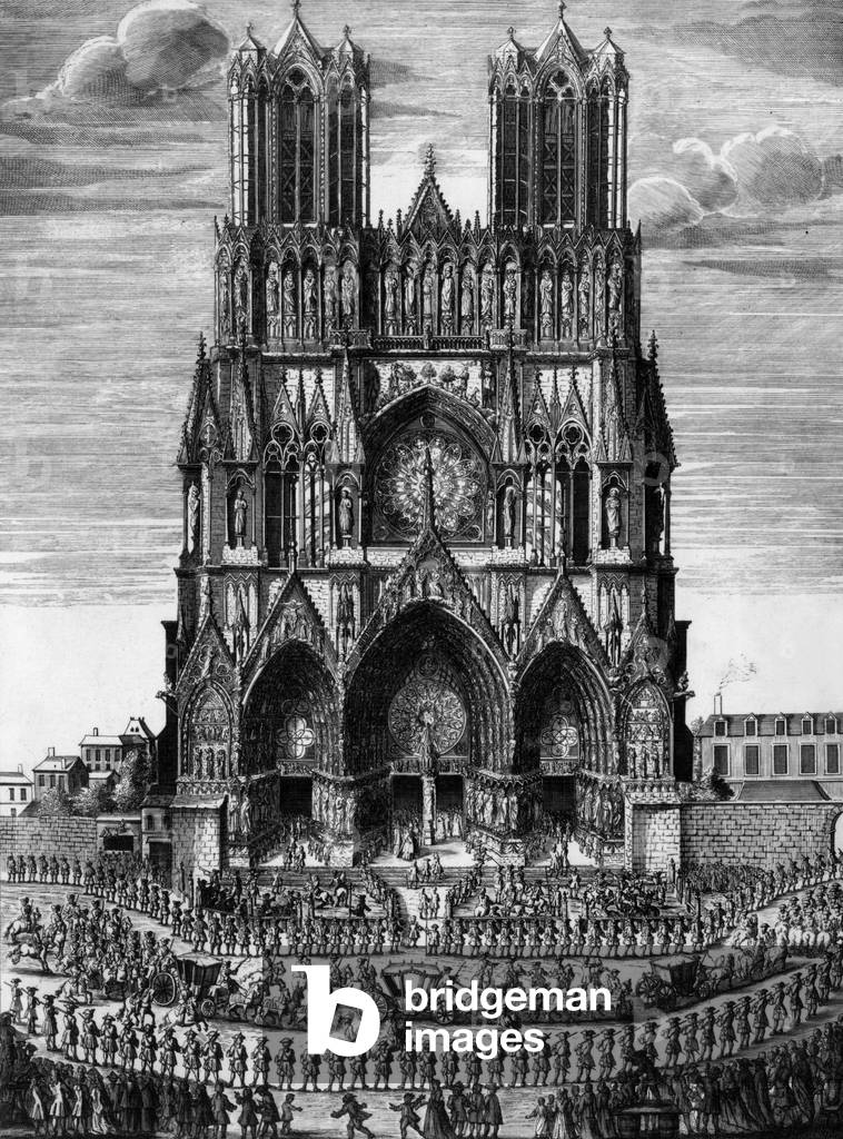 Coronation of French king Louis XV on october 23, 1722 in Reims cathedrale, engraving