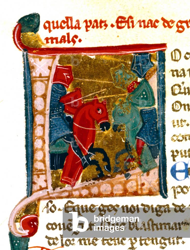 Lord Bertrand de Born (1140-1215) a troubadour from Perigord, fighting, illumination from an italian manuscript written by a provencale artist, 13th century