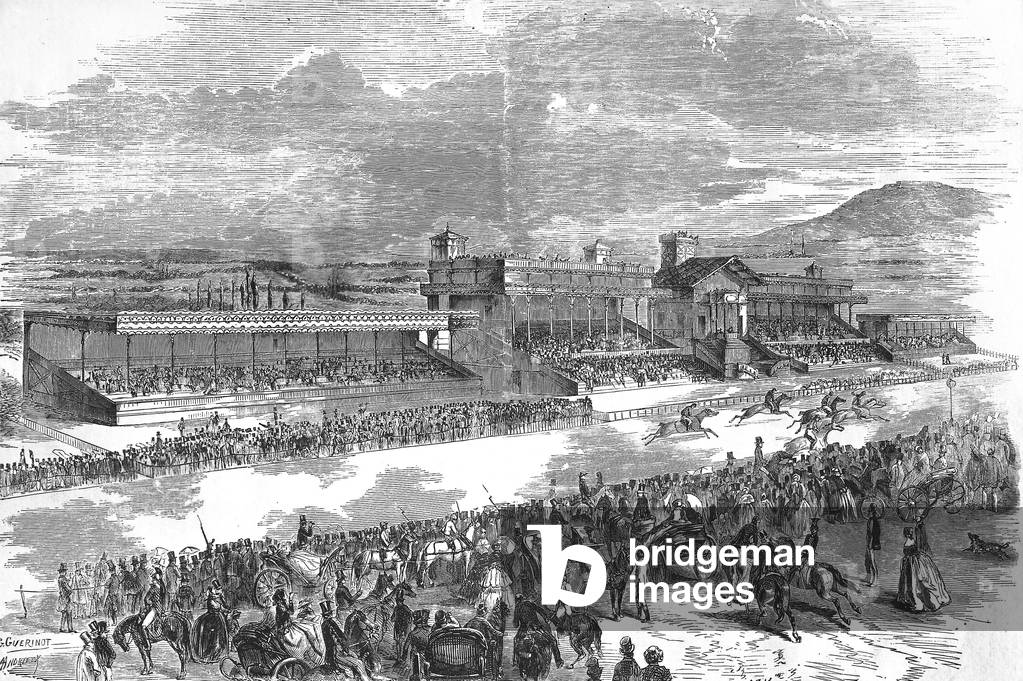 Opening of Boulogne horse race racing in 1857 (Longchamp), Paris, engraving
