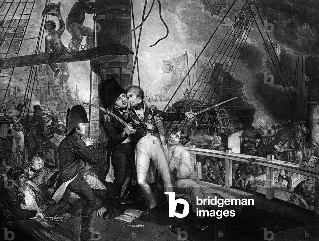 admiral Horatio Nelson (1758-1805) here on october 21, 1805 during Trafalgar battle (english victory against French and spanish fleet) where he died, engraving by Cooper