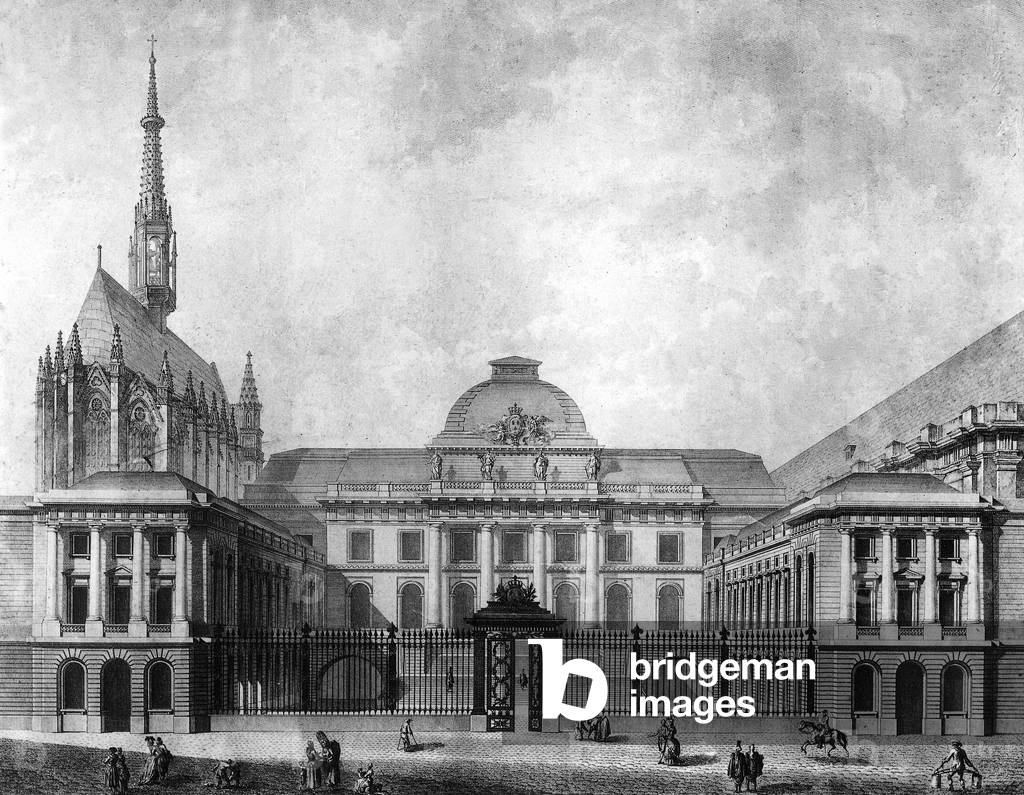 View of Law Courts in Paris, engraving by Varin after Desmaisons, 1782. On l is the Sainte Chapelle