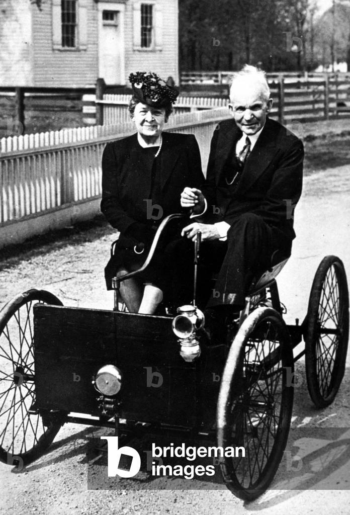 Henry Ford and his wife Clara Bryant with the first Ford car (the Quadricycle built in 1896) c. 1947 in Dearborn,  Michigan