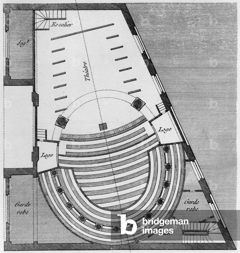 Plan of theatre in hotel built for French dancer Marie-Madeleine Guimard in Paris, built by Claude-Nicolas Ledoux, opened in 1772, engraving