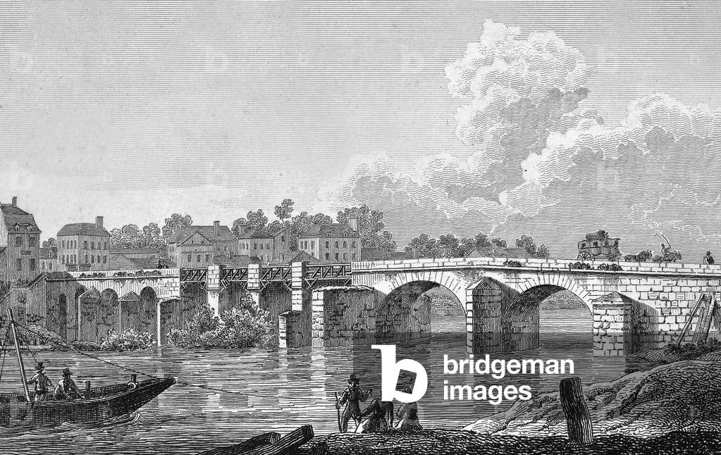 Bridge over the river Marne in Charenton near Paris, c. 1825, engraving by Jean Jerome Baugean (1765-1830)