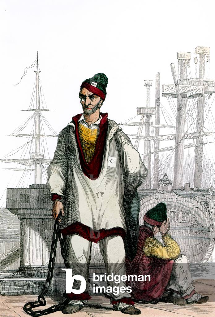 Prisoner in penal colony : green cap means life prison , purple cap is for the best prisoners, engraving, 19th century