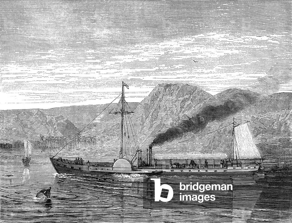 the Clermont, first steam boat launched by Robert Fulton august 09, 1803 ; here c. 1807 on Hudson river between New York and Albany , engraving 19th century
