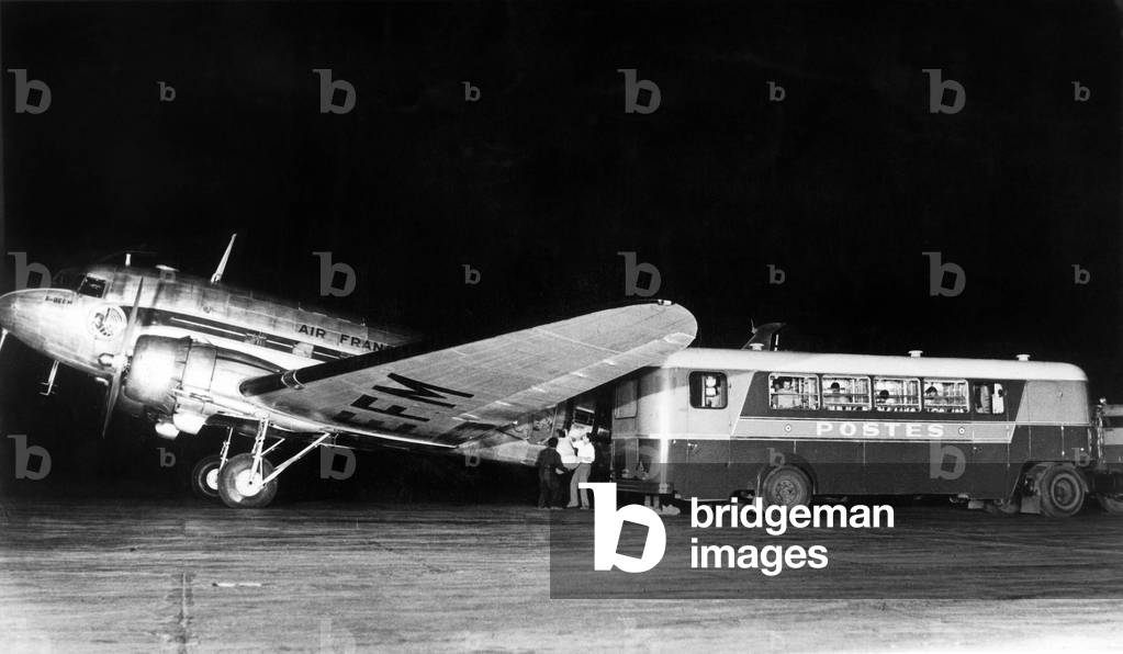 Postal service by Air France with a plane Douglas DC-3 c. 1950