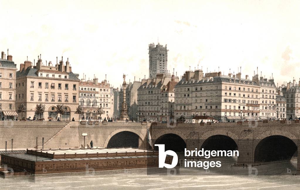 the Chatelet square and the Bridge of Change in Paris 1830, on the left is the Megisserie dock and in the background is the tower Saint Jacques