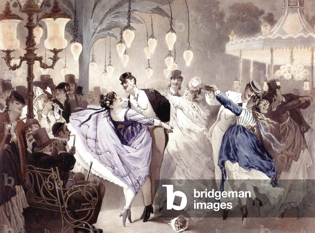 Couple dancing in a ball in Paris c. 1880, aquarelle