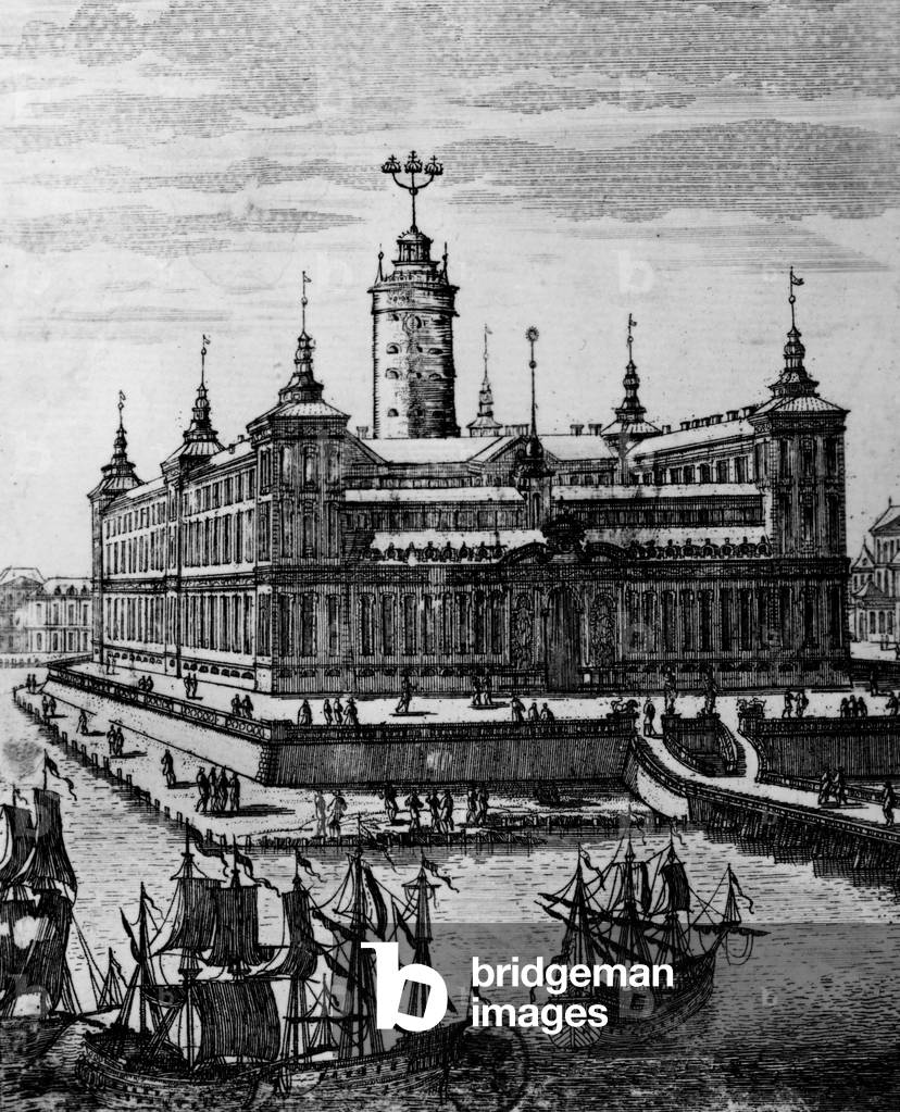 Stockholm, Sweden : the former royal palace, 17th century, before transformation into a baroque architecture, engraving