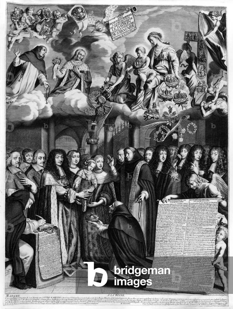 Ceremony for reception of Louis de France, Monseigneur le Grand Dauphin in the brotherhood of Rosary in 1662 : French king Louis XIV and queen Anne d'Autriche holding thier son Louis de France, Monseigneur le Grand Dauphin, engraving by Pierre Landry