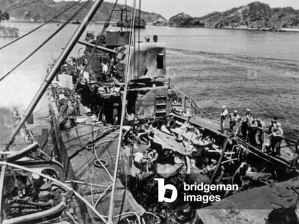 American warship USS Newcomb stroke by a kamikaze japanese plane, 1945, Pacific War